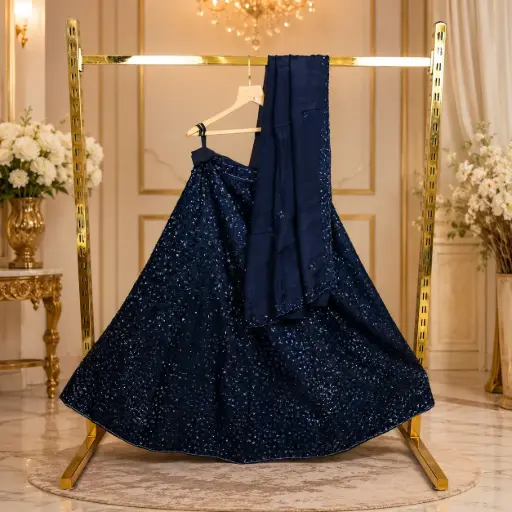 [79718021HB29B7] Women's Navy Blue Sequin Lehenga Choli Set with Matching Dupatta for Wedding, Sangeet and Party Wear