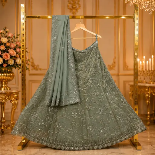 [79718034HB39B7] Women's Sage Grey Embroidered Lehenga Choli Set with Sequins and Matching Dupatta for Wedding Events
