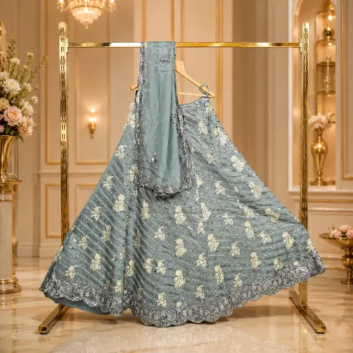 [79718039HB36B7] Women's Ice Blue Lehenga Choli with Silver Embroidery and Matching Dupatta
