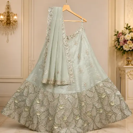 [79718039HK70B7] Women's Seafoam Green Lehenga Choli with Heavy Leaf Embroidery and Matching Dupatta