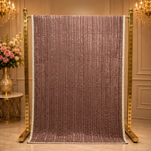 [79717001HB73B7] Dusty Rose Saree with Vertical Sequin Stripes and Shimmer Border
