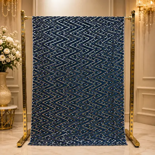 [79713001HA35B7] Teal Blue Chevron Sequin Saree with Scalloped Border