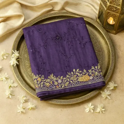 [79713001HA49B7] Elegant Deep Purple Hand-Embroidered Designer Silk Saree