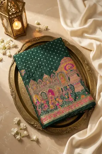 [86812001FJ71D9] Bottle Green Bandhani Silk Saree with Meenakari Border
