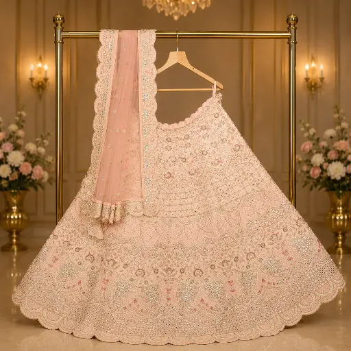 [78818001QG34B5] Pastel Peach Bridal Lehenga Choli with Heavy Embroidery and Net Dupatta