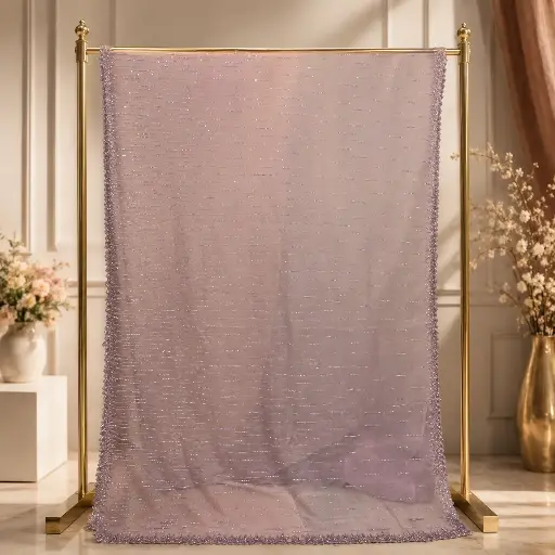 [73917001GD35C8] Dusty Lilac Saree with Shimmer Stripe Embroidery and Scalloped Border