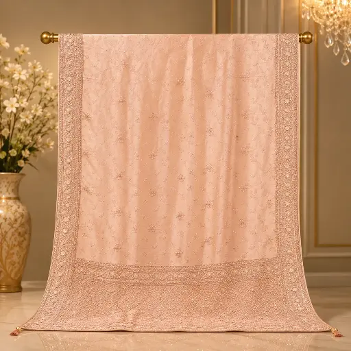[73917001EC31E3] Blush Peach Embellished Saree with Heavy Floral Border