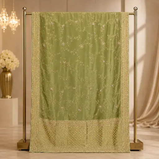 [73913001EC27E3] Olive Green Saree with Floral Embroidery, Sequin Border and Ornate Pallu