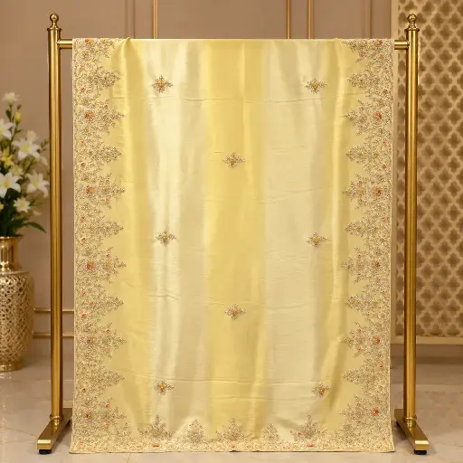 [73913001EE88E3] Elegant Light Yellow Embroidered Saree with Floral Sequin Border