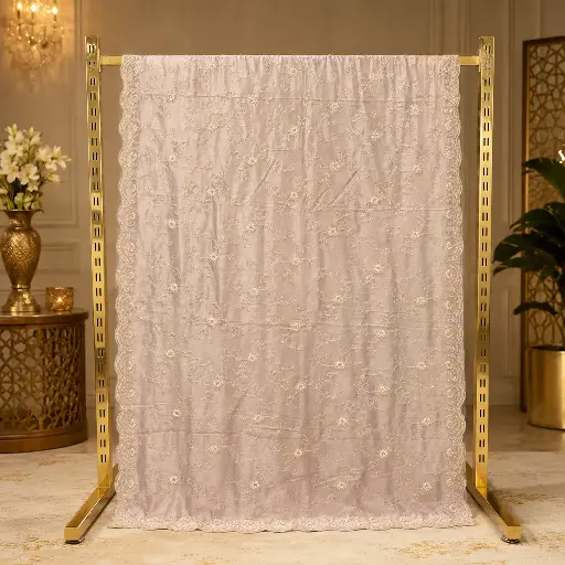 [73913001EE86E3] Blush Pink Saree with Gold Floral Vine Embroidery and Scalloped Border