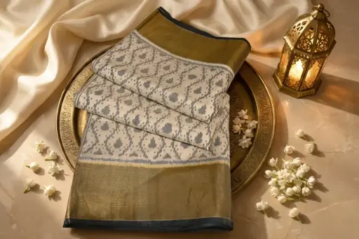 [89809001KT67D3] Ivory and Charcoal Ikat Silk Saree with Gold Zari Border