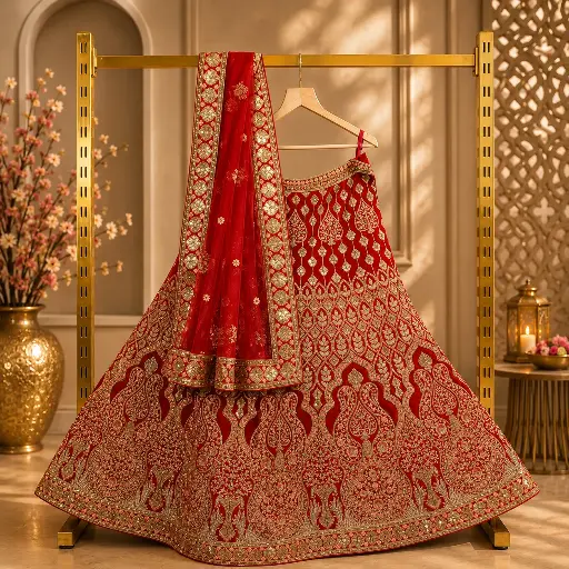 [37418001MQ2772] Women's Red Bridal Lehenga Choli with Heavy Gold Embroidery and Net Dupatta