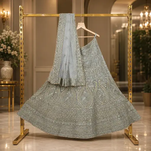 [37418001MQ4172] Women's Grey Embroidered Lehenga Choli with Net Dupatta