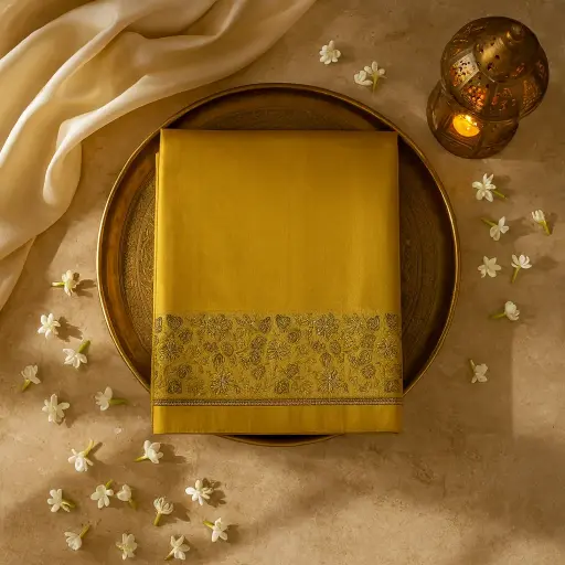 [37417001MU4073] Elegant Mustard Meera Silk Saree with Sequin Floral Border 