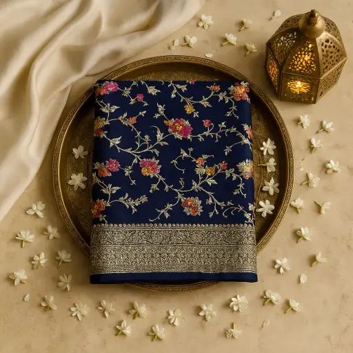 [37417001ZN59A2] Elegant Navy Blue Designer Saree With Floral Zari Embroidery