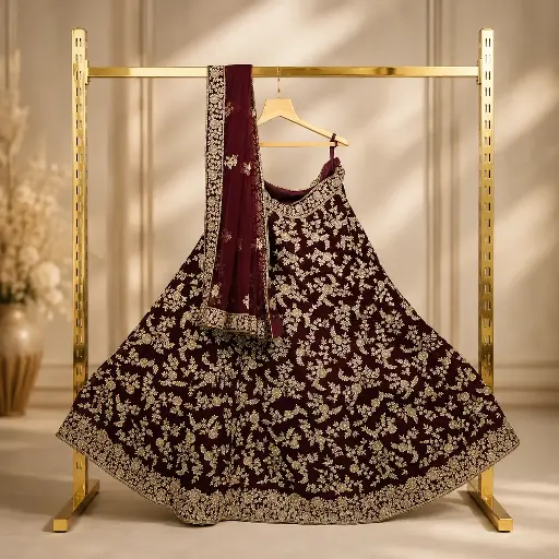 [20218034JP85A4] Women's Deep Wine Bridal Lehenga Choli with Gold Floral Embroidery and Matching Dupatta