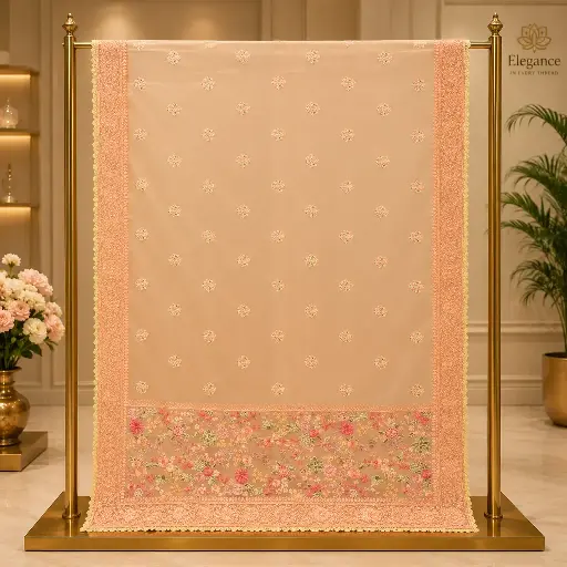 [20217001OQ8897] Peach Sheer Saree with Pink Floral Embroidery and Ornate Border