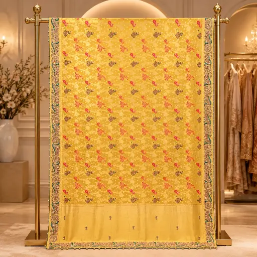 [20217001VW10A8] Yellow Floral Printed Saree with Multicolor Blossom Motifs and Elegant Border