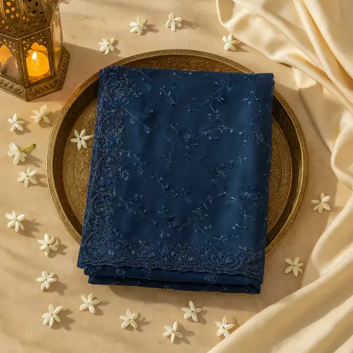 [20217027EC83E3] Elegant Navy Blue Designer Saree With Intricate Floral Embroidery
