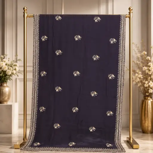 [20217041EC44E3] Deep Purple Saree with Floral Embroidery and Ornate Border