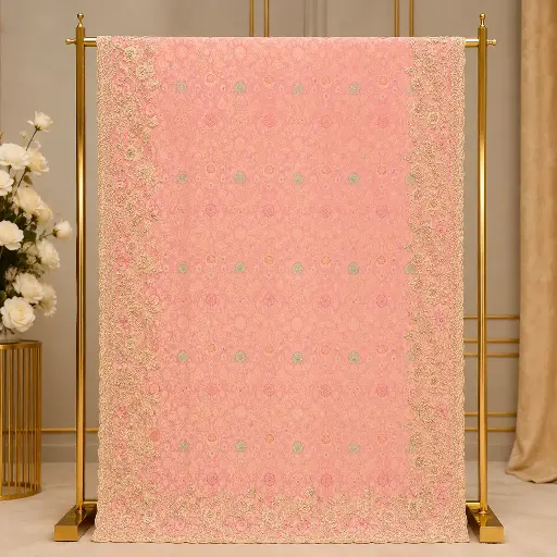 [20213001EC61E3] Elegant Blush Pink Saree with Floral Embroidery and Scalloped Border