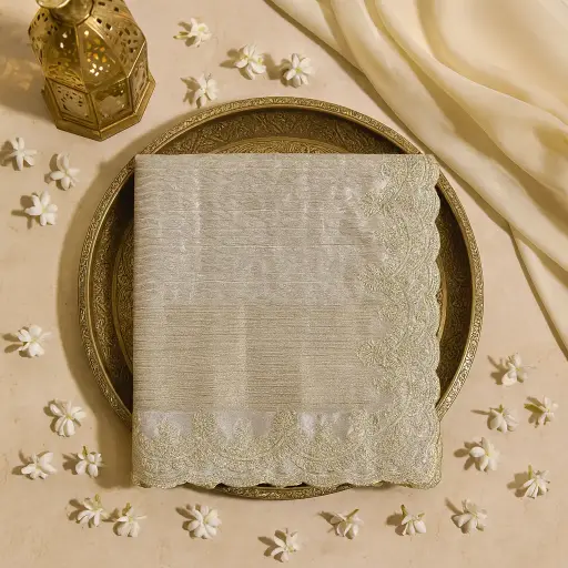 [20213001EC65E3] Luxurious Champagne Gold Tissue Saree with Scalloped Zari Border 