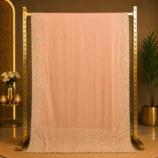 [20213001EC71E3] Peach Embroidered Saree with Sequin Stone Work, Floral Border