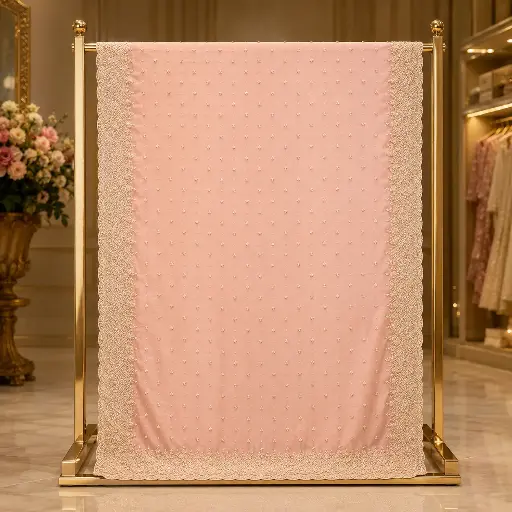 [20213001EC72E3] Women's Blush Pink Saree with Golden Sequin Buti Work and Scalloped Embroidered Border