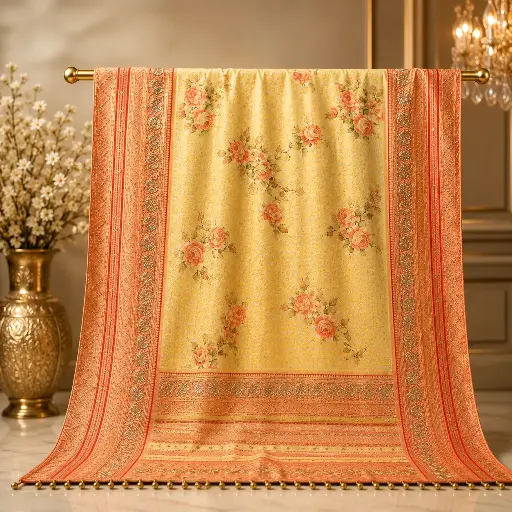 [20213001HC31B7] Yellow Floral Dupatta with Coral Embroidered Border, Sequin Work Rose Print