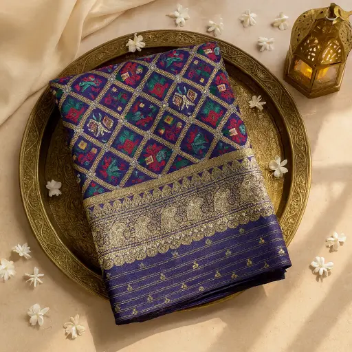 [20213001HC35B7] Royal Blue Traditional Patola Pattern Designer Silk Saree 