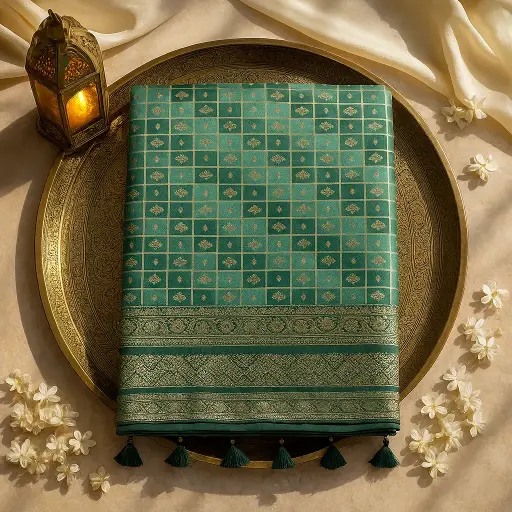 [20213025HB99B7] Elegant Green Checked Designer Saree with Heavy Embellished Border