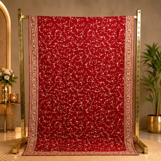 [20213034EC52E3] Women's Red Designer Saree with Allover Floral Embroidery and Ornate Border