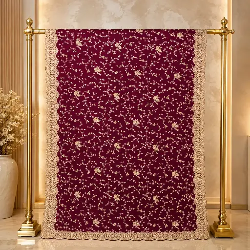 [20213041EC87E3] Maroon Saree with Floral Vine Embroidery and Scalloped Beaded Border