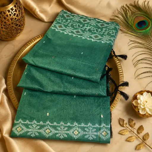 [92117001FR36E1] Elegant Sea Green Cotton Saree with Traditional Woven Border & Tassels