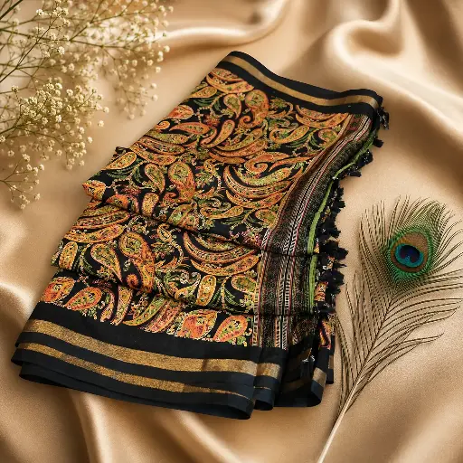 [41017001FR02E0] Elegant Black Paisley Cotton Saree with Multicolor Print & Golden Zari Border