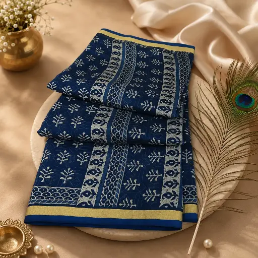 [41017001FR06E0] Elegant Navy Blue Cotton Saree with Hand Block Print Design & Golden Border