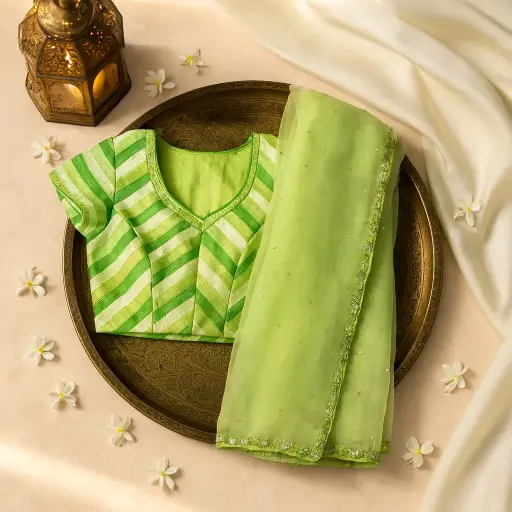 [35017025IJ32A8] Elegant Lime Green Designer Saree with Striped Blouse Piece