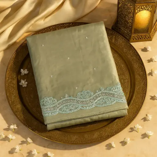 [35017025IJ35A8] Elegant Sage Green Organza Saree with Mirror Work Embellishments