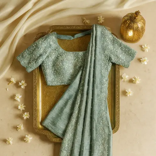 [35017025JS82A4] Elegant Sage Green Mirror-Work Silk Saree with Matching Blouse