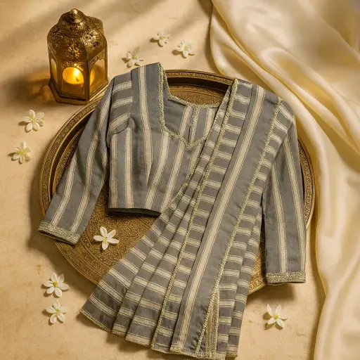 [35017039FP84E0] Elegant Grey Striped Saree With Sequin Detailing