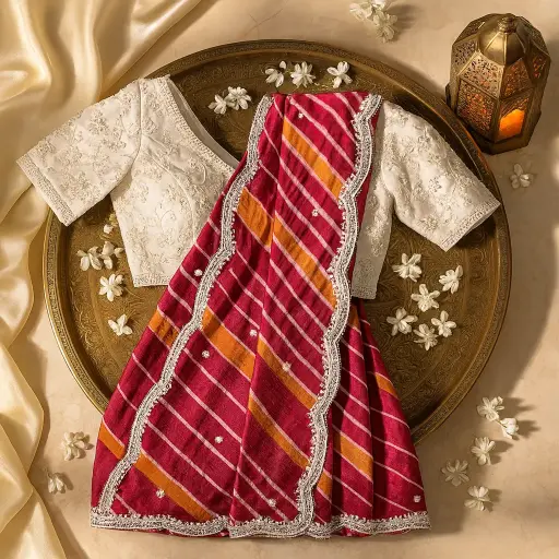 [35017050FP76E0] Vibrant Leheriya Saree with Embellished Scalloped Border