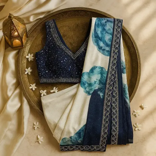 [35017057FV13E1] Elegant Off-White Saree With Sequinned Navy Blue Designer Blouse