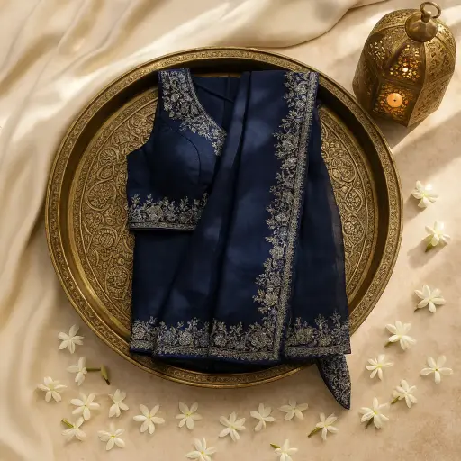 [35013021FP85E0] Elegant Navy Blue Designer Saree with Intricate Hand Embroidery