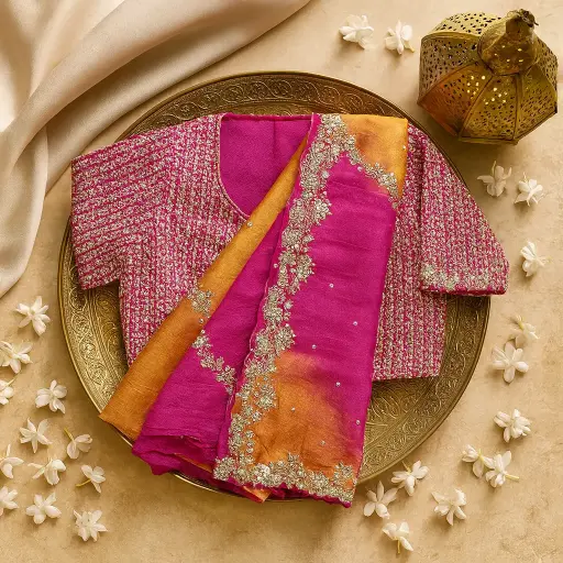 [35013055FP58E0] Luxury Pink and Orange Dual-Tone Designer Saree with Embroidery