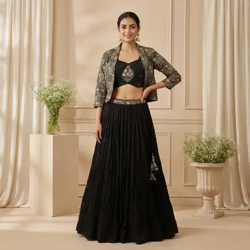 [81542002HS03C1] Black Embroidered Jacket, Crop Top and Crushed Skirt Set