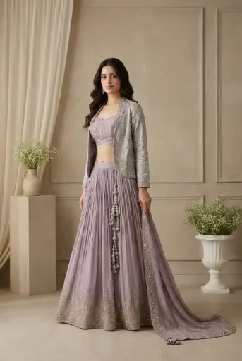 [81542002HW43C2] Lilac Mauve Embroidered Crop Top Skirt Set with Jacket