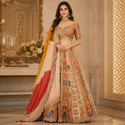 [75418001EI13E5] Women's Beige Orange Embroidered Lehenga Choli with Multicolor Dupatta for Wedding Festive Wear Sets