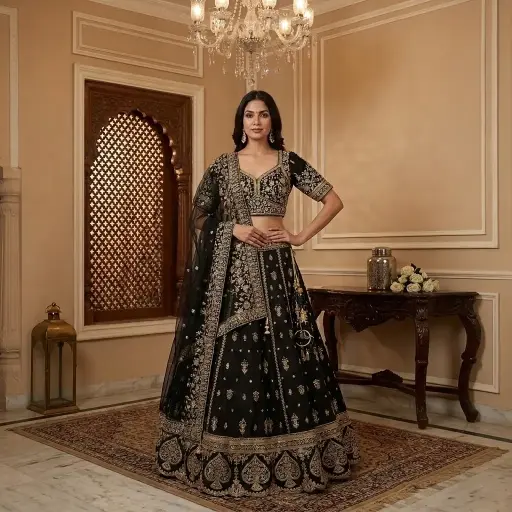 [75418001YN51E6] Black Embroidered Silk Bridal Lehenga Choli Set