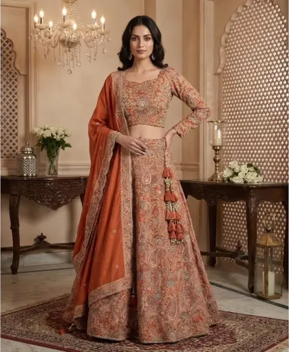 [75418003KQ32E2] Rust Orange Hand Embroidered Silk Paisley Lehenga Choli Set