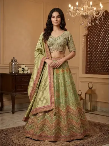[75418005EL10E6] Pistachio Green Silk Embroidered Lehenga Set with Banarasi Dupatta